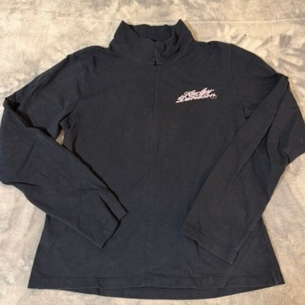 Harley Davidson Womens XL Black Quarter Zip Long Sleeve Pink Logo Pullover Top